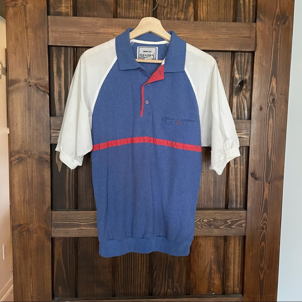 Vintage Collared HukaPoo Blue and White Colorblock Polo T-Shirt